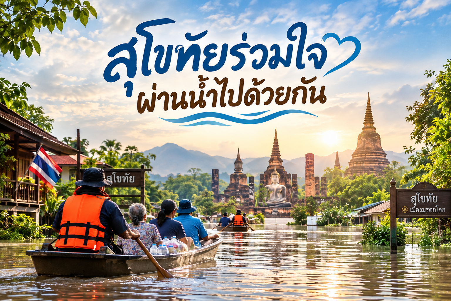 ภาพประกอบทีมกู้ภัยช่วยครอบครัวขึ้นเรือในชุมชนที่น้ำท่วม